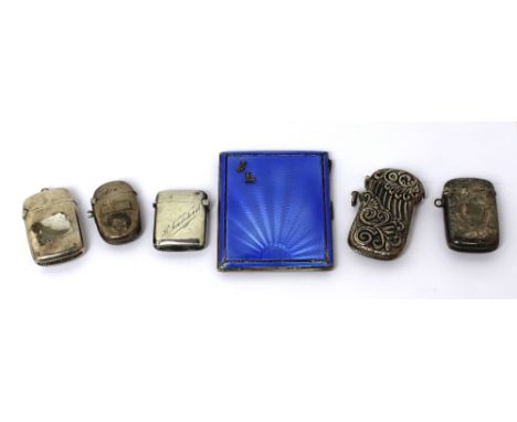 A George V hallmarked silver, blue guilloché and marcasite initialled 'J L' ladies' cigarette case, Birmingham 1933 and five 