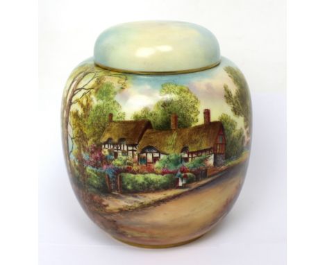 Royal Worcester; a ginger jar with cover painted in the 'Anne Hathaway's Cottage' pattern, signed R. Rushton, with puce mark 