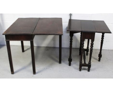 An early 19th century mahogany fold-over hall table, on gate leg and block supports, length 88cm and a small mahogany drop le