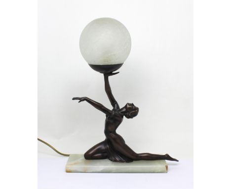 An Art Deco style table lamp with central female figure on marble plinth, height 45cm.