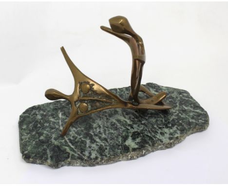 BRIAN BURGESS (1935-); a bronze sculpture of two naked entwined abstract figures on a green mottled marble base, unsigned, 26