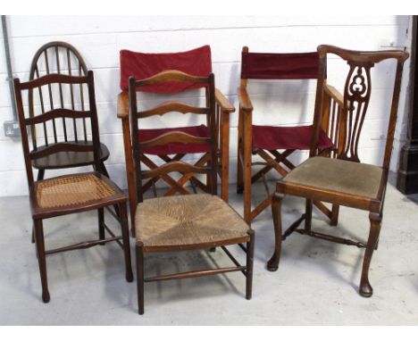 Two vintage director's chairs, a Windsor-style dining chair, an Edwardian mahogany dining chair and two kitchen chairs; one w