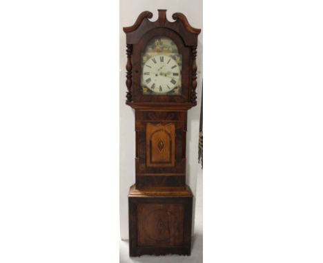 An early-to-mid 19th century mahogany and oak longcase clock, the broken swan neck pediment above arched painted dial, inscri