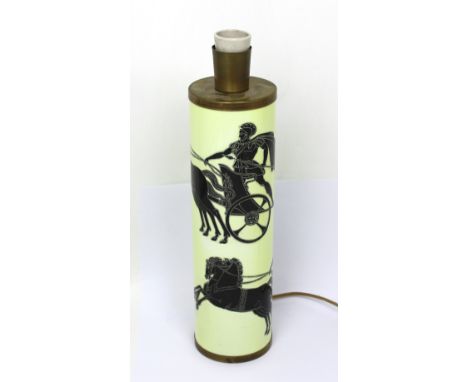 A Piero Fornasetti cylindrical 'Greek Warrior' design table lamp, height 43cm. CONDITION REPORT Firing faults to rim. Tarnish