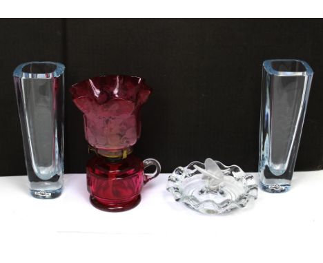 A pair of Swedish Strombergshyttan pale blue tinted vases, floral motifs, height 25cm, a clear glass dish with frosted fly an