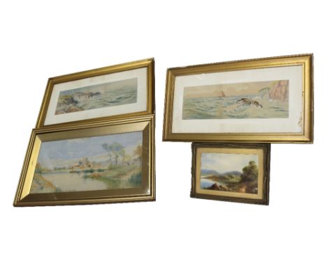 WALTER WITHAM (1926); watercolour, 'A Quiet Corner Fen District', 29 x 61cm, indistinctly signed, a seascape with sailing boa