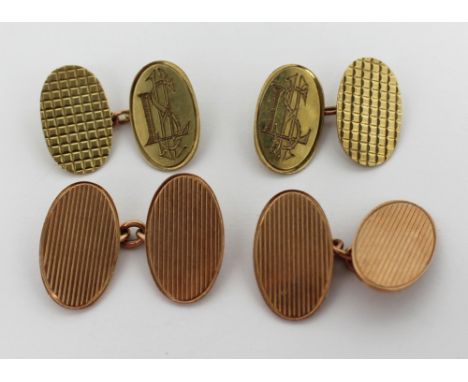 A pair of 9ct rose gold cufflinks with oval platforms and a further pair of 9ct yellow gold cufflinks with engraved initials 