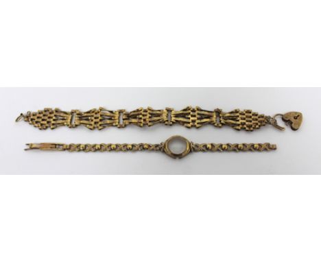 A 9ct gold five-bar gate bracelet with heart padlock clasp, a 9ct gold ladies' watch case, lacking movement and a yellow meta