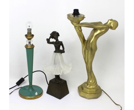 Three Art Deco style table lamps; one green column lamp with brass and glass decoration, one gold-painted nude female figure 