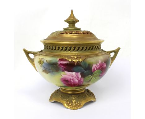 Royal Worcester; a twin-handled lidded potpourri bowl with cover, painted with roses, signed K Blake, with green mark and num