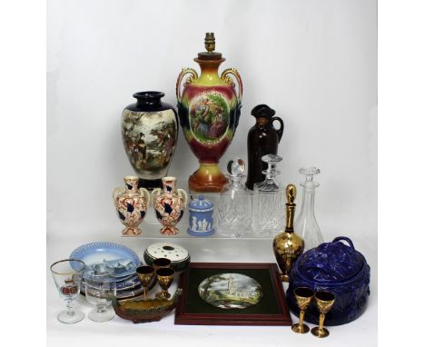 A mixed lot of ceramics to include a Japanese Satsuma baluster vase with figures on a blue ground, height 30cm, a framed Staf