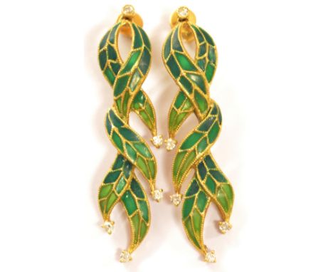 A pair of 18ct yellow gold plique-à-jour enamel and diamond-set drop earrings, length 4.5cm, approx 8.9g.