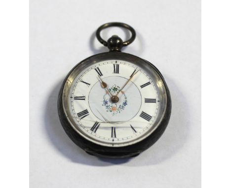 A late 19th century Swiss 935 stamped silver key-wind open face fob watch, the white enamel dial set with Roman numerals and 