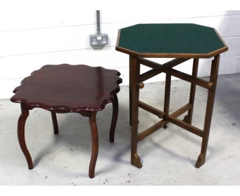 A 'Reversatable' octagonal occasional and card table on folding base, width 60cm and a small mahogany side table on curved su