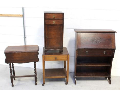 A small oak drop-leaf table on turned supports, a square side table with one drawer above lower shelf, a small mahogany bedsi