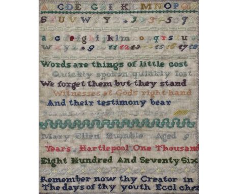 A Victorian cross stitch alphabetic sampler with poem detail by Mary Ellen Humble, 1876, 39 x 29cm, framed and glazed.