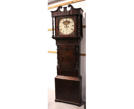 A large 19th century mahogany eight-day longcase clock, the square painted enamel dial with moon phase painted with sailing b