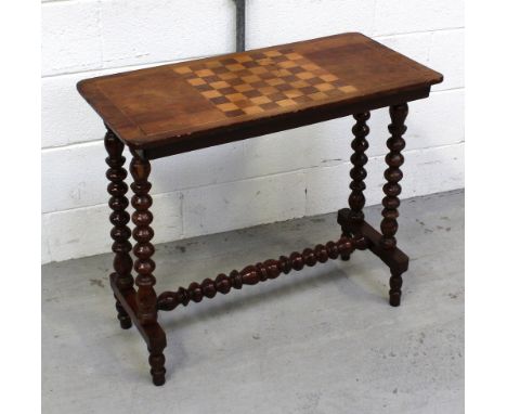 A Victorian walnut and inlaid chess table, stretchered bobbin-turned supports, width 78cm. CONDITION REPORT Water marks to to