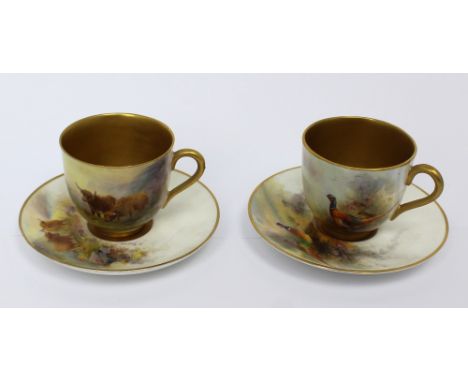 Royal Worcester; two cabinet cups and saucers, the first set painted with pheasants, signed J A Stinton, with puce marks to b