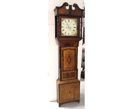 An early-to-mid 19th century oak and mahogany cross-banded longcase clock, the broken swan neck pediment above repainted squa