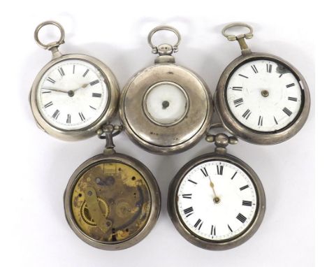 Five silver fusee verge pair cased pocket watches in need of repair to include makers Smith of Newport, Bullingford of London