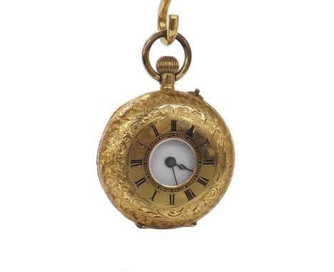 18ct cylinder half hunter fob watch in an engraved case, 25.9gms approx, 32mm (at fault) (Q2KP55)  .  Condition Report:  .  M