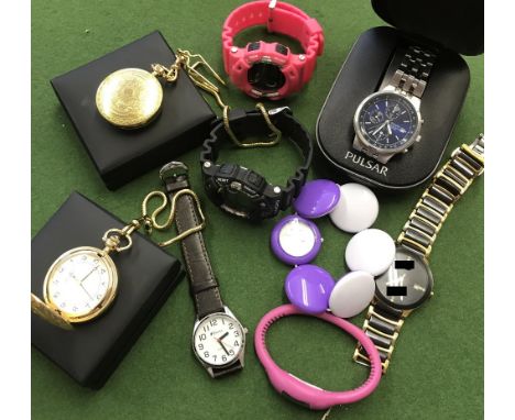 Two modern Sekonda gold plated hunter pocket watches with chains, boxed (one at fault); also a selection of wristwatches