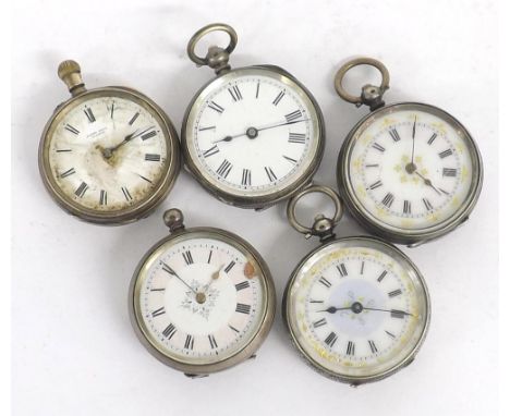 Five silver cylinder engraved fob watches in need of repair (5)