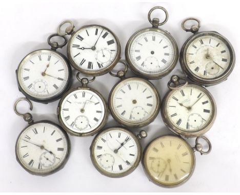 Silver J.W. Benson 'The Ludgate Watch' engine turned lever pocket watch in need of repair; together with nine silver lever po