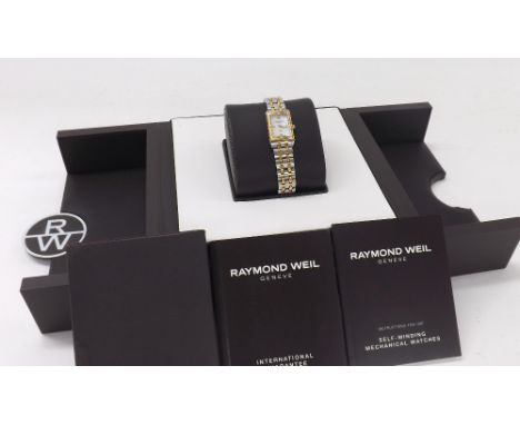 Raymond Weil Tango bi-colour lady's bracelet watch, ref. 5971, rectangular mother of pearl dial with quarter Roman numerals, 
