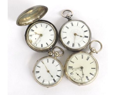 Two small silver fusee lever engine turned pocket watches, unsigned movements (in need of attention); together with a small s