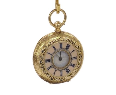Attractive 18ct and enamel half hunter fob watch, gilt frosted cylinder bar ovement, the dial with Roman numerals in an ornat