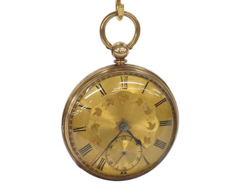 18ct fusee lever pocket watch, London 1857, unsigned movement, no. 97470, engine turned and engraved dial with Roman numerals