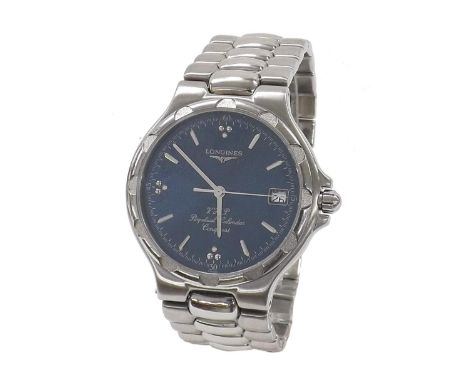 Longines V.H.P Perpetual Calendar stainless steel gentleman's bracelet watch, ref. L1.627.4, no. 28348473, blue dial, quartz,