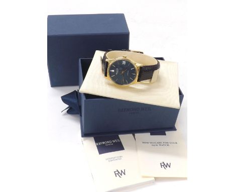 Raymond Weil automatic gold plated gentleman's wristwatch, ref. 2803-9400, circular blue dial with baton markers, sweep centr