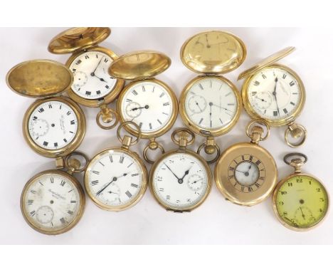 Ten gold plated lever pocket watches to include five hunter pocket watches and one half hunter pocket watch (all in need of a