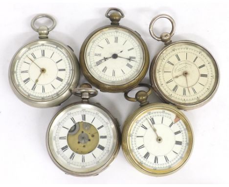 Silver Decimal Chronograph lever pocket watch; together with a silver lever chronograph pocket watch and three cylinder chron