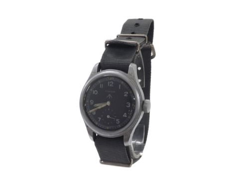 Timor British Military issue stainless steel gentleman's wristwatch, signed circular black dial with Military arrow, Arabic n