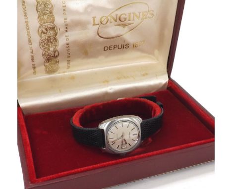 Longines Admiral stainless steel lady's wristwatch, ref. 1509 1, silvered dial with baton markers, centre seconds and date ap