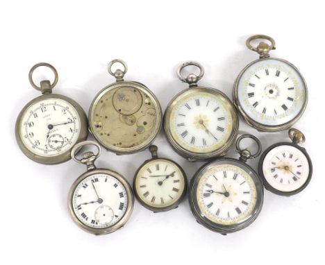 Three silver cylinder engraved fob watches in need of repair; together with five further fob watches in need of repair to inc