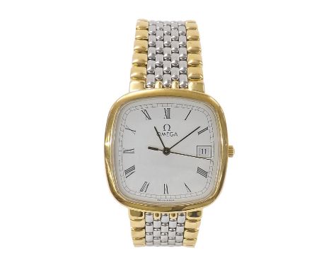 Omega two tone quartz gentleman's bracelet watch, ref. 396.1017, circa 1991, white dial with date aperture, cal. 1430 movemen