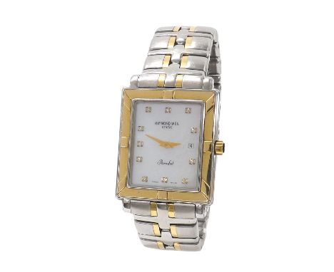 Raymond Weil Parsifal stainless steel and gold plated rectangular cased gentleman's bracelet watch, ref. 9330, no. B 488402, 
