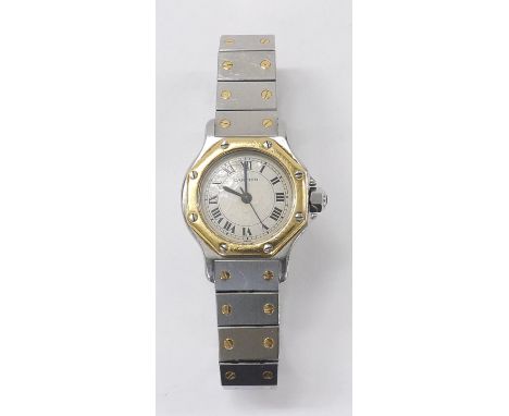 Cartier Santos Octagon automatic stainless steel and gold lady's bracelet watch, no. 090.727517, circular silvered dial, cabo