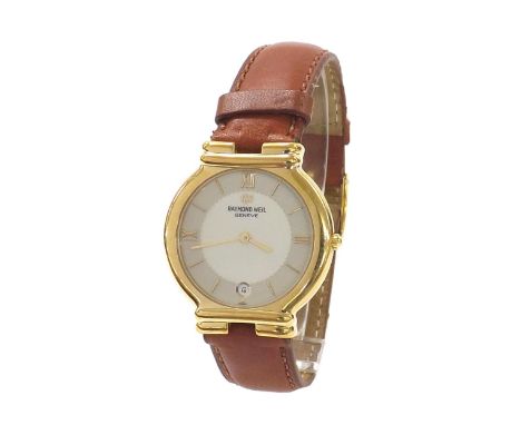 Raymond Weil 18k gold plated lady's wristwatch, ref. 9132, no. A572235, silvered two tone dial with date aperture at the six 