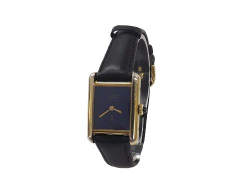 Must de Cartier silver gilt tank lady's wristwatch, no. 3 229809, blue Lapis dial with sapphire cabouchon crown, mechanical 7