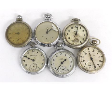 Eight chrome cased pocket watches in need of attention to include two Smiths Empire and an automaton example (movements funct