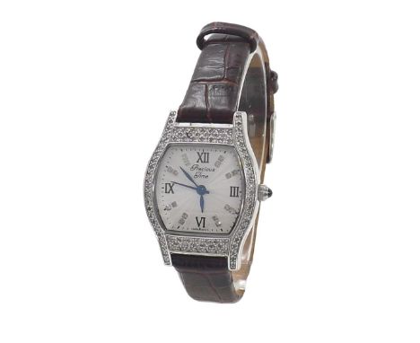 Precious Time sterling silver diamond set lady's wristwatch, quartz, leather strap, 24mm (3HH4C5)  .  Condition Report:  .  M