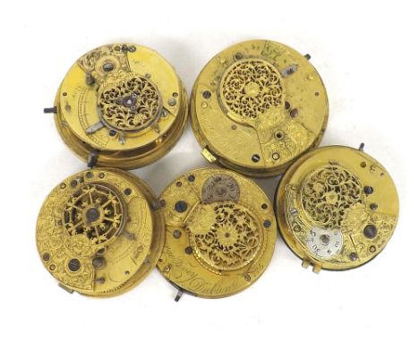 Five fusee verge pocket watch movements for repair to include makers Rob't Jones, Amlwch, George Fivey, Dublin