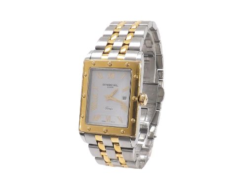 Raymond Weil Tango bi-colour gentleman's bracelet watch, ref. 5381, rectangular white dial with Roman numerals and date apert