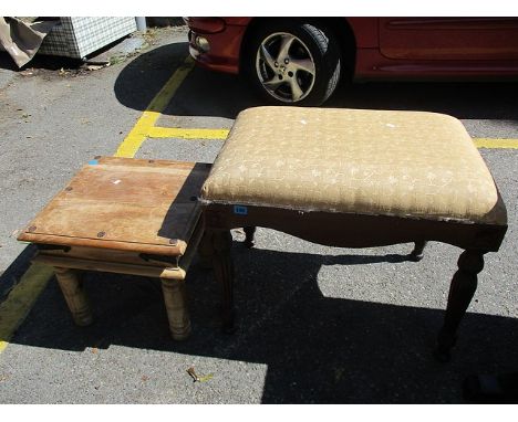 A modern mahogany beige upholstered stool, 23 1/2h x 27 1/2 W, together with a hardwood occasional table, 16h x 17 3/4 w